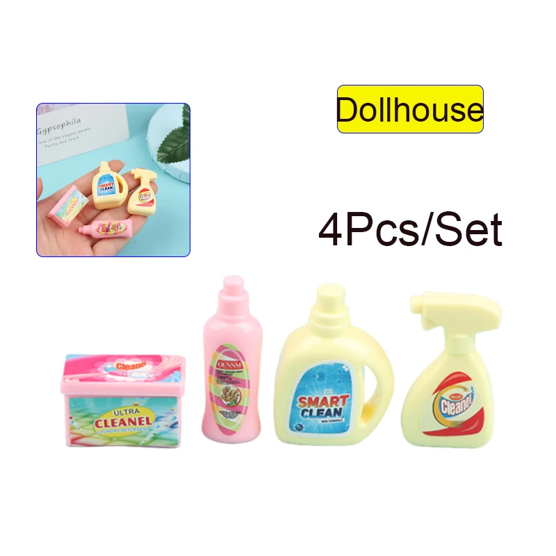 4Pcs/Set 1:12 Dollhouse Miniature Cleaning Set Laundry Detergent Soap Household Washing Kit Pretend Play Doll House Accessories