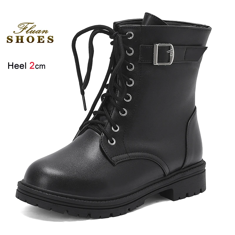 

New Fall Winter Black Women's Ankle Boots Round Toe Frount Lace Up Thinck Heels 2cm Belt Buckle Ladies Short Boots Large Size 46