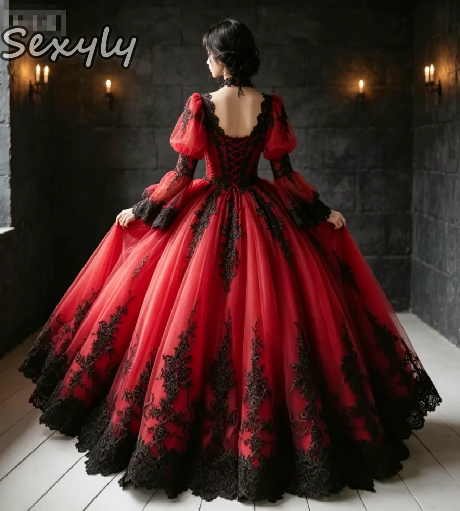 Red Black Gothic Victorian Wedding Dress 2026 Vampire Halloween Costume Renaissance Bridal Gowns Long Sleeve Lace Alt-Bride