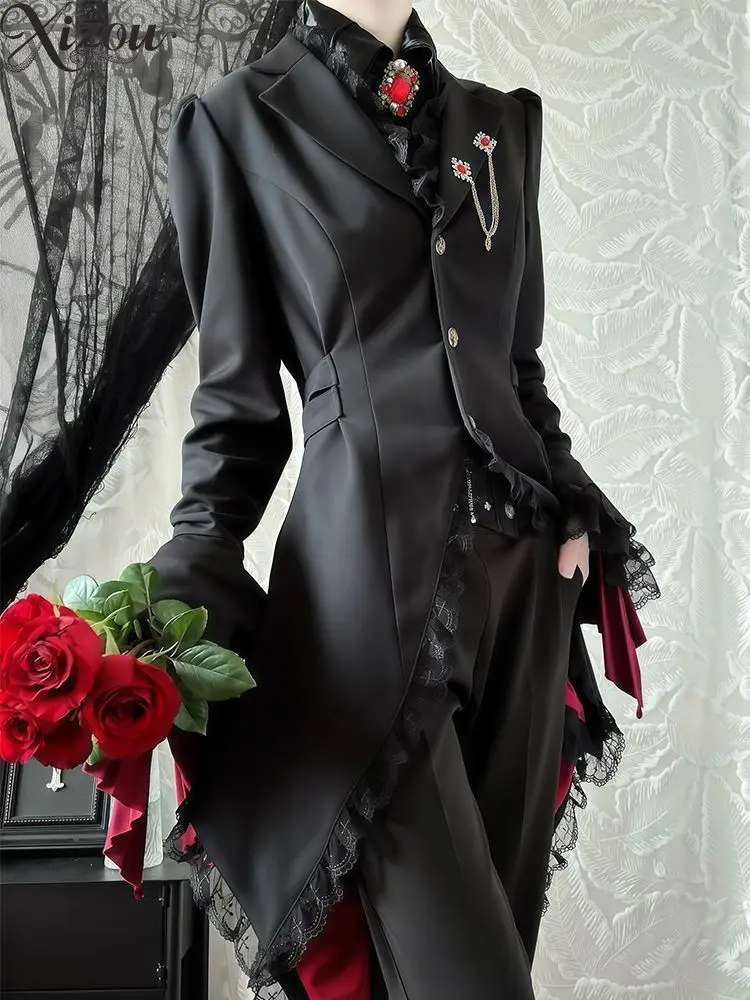 Casual Jackets for Women Black Prince Lace Edge Design Long Coat Autumn Winter Women's Coats Thin Versatile Retro Y2k Style