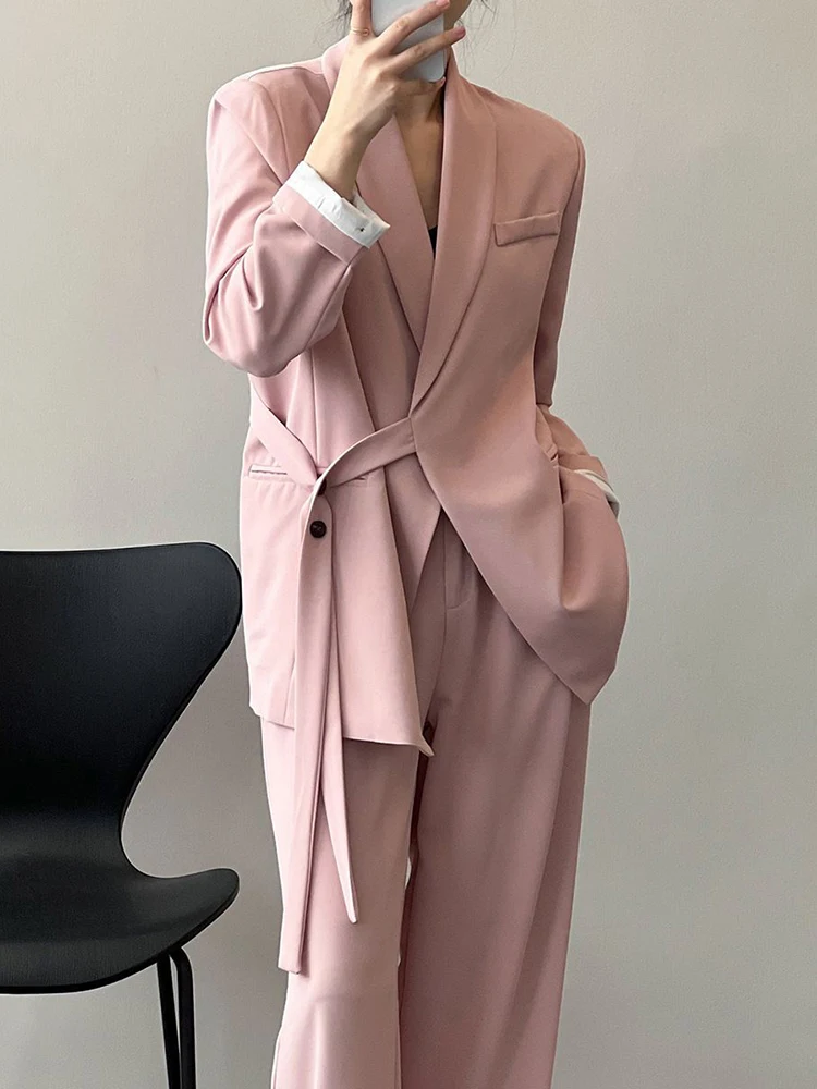 

Spring And Autumn Mid-length Suit Jacket Women 2023 Solid Tie-up Suit Loose High Waist Wide Leg Pants Fashion Office Lady Set