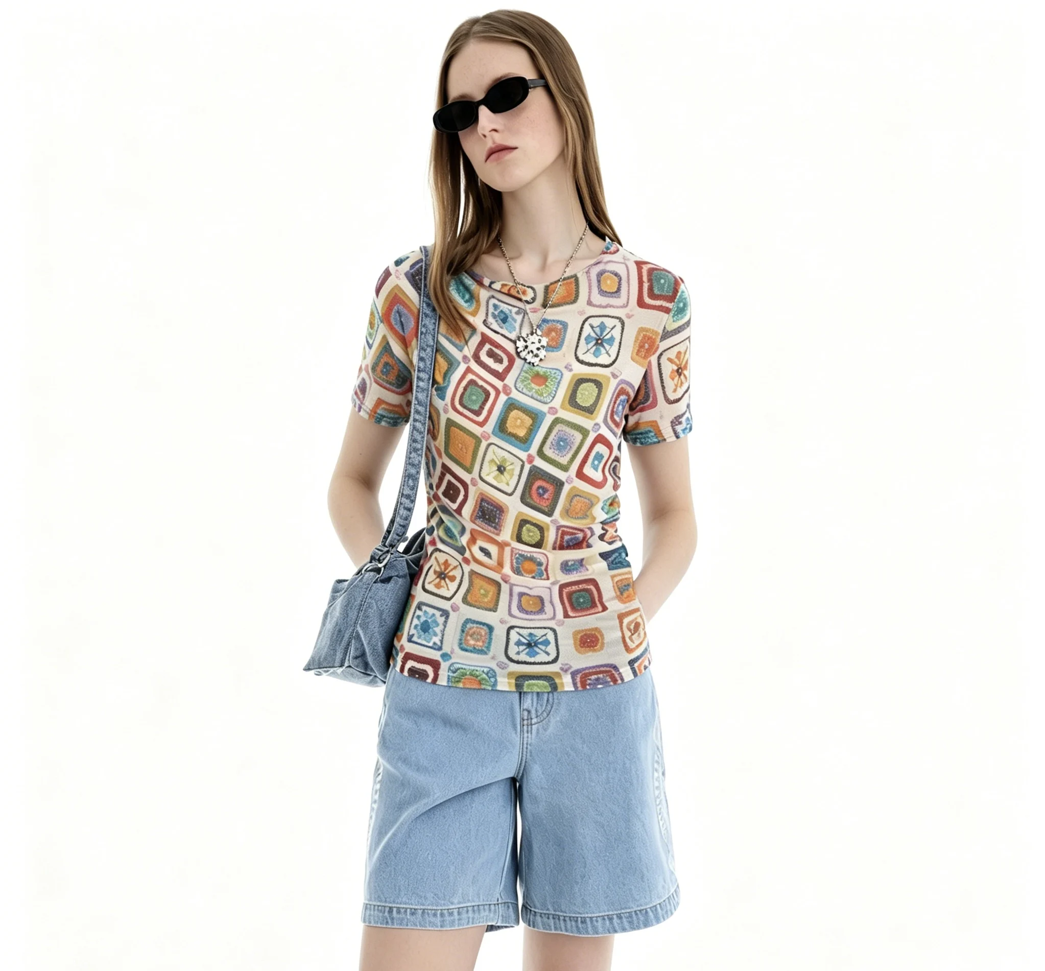 Spanish original single imitation crochet printed pleated short sleeved women's T-shirt, lightweight and breathable summer top