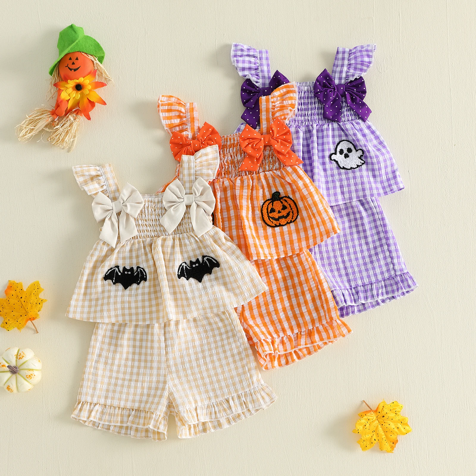 Toddler Girl Halloween Outfits Pumpkin/Ghost/Bat Embroidered Plaid Print Fly Sleeve Square Neck Tops Shorts 2 Pieces Set