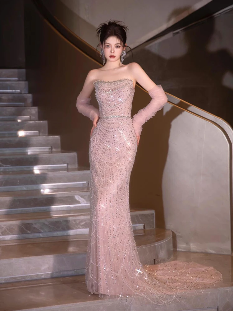 

Pink Sequin Evening Gown Heavy Embelliment Luxury Sensation Strapl Fi Tail Dr for Bride Wedding Reception Ceremony