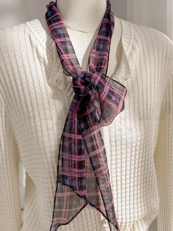 薄くて長いシルクスカーフ、細い白い桑絹、薄いモデル、本物のシルク、首の保護に、紫の格子柄、春夏秋の装飾用ネクタイ