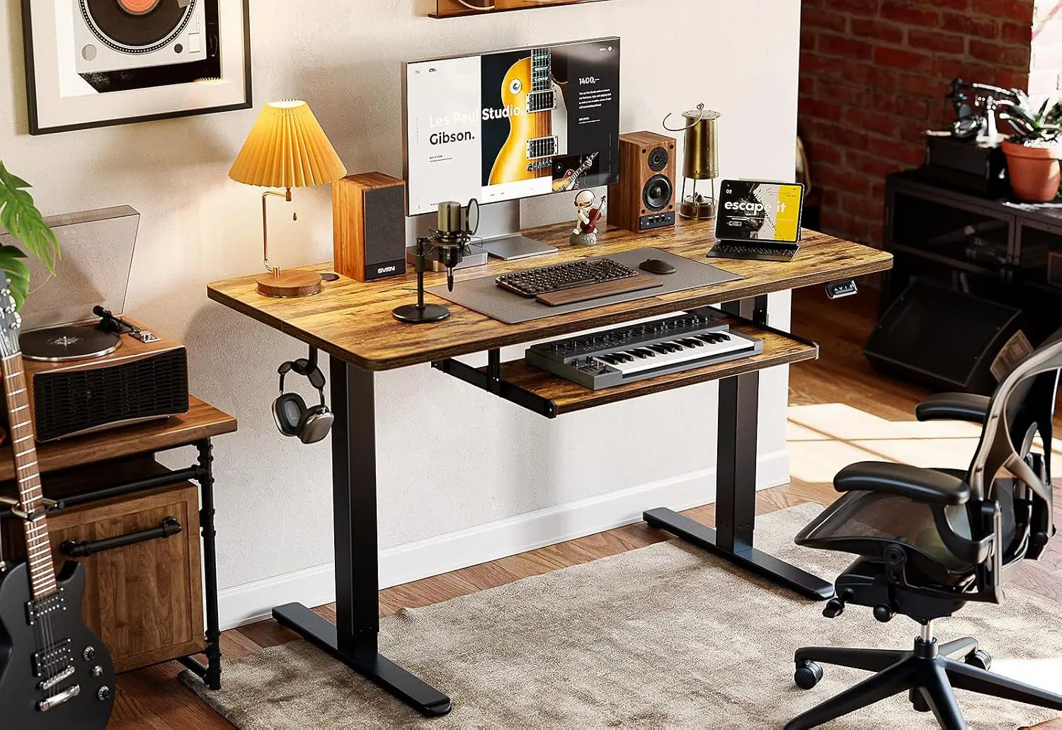 48 24 Height Adjustable Electric Standing Desk Keyboard Tray Splice Board Black Frame Rustic Brown Top