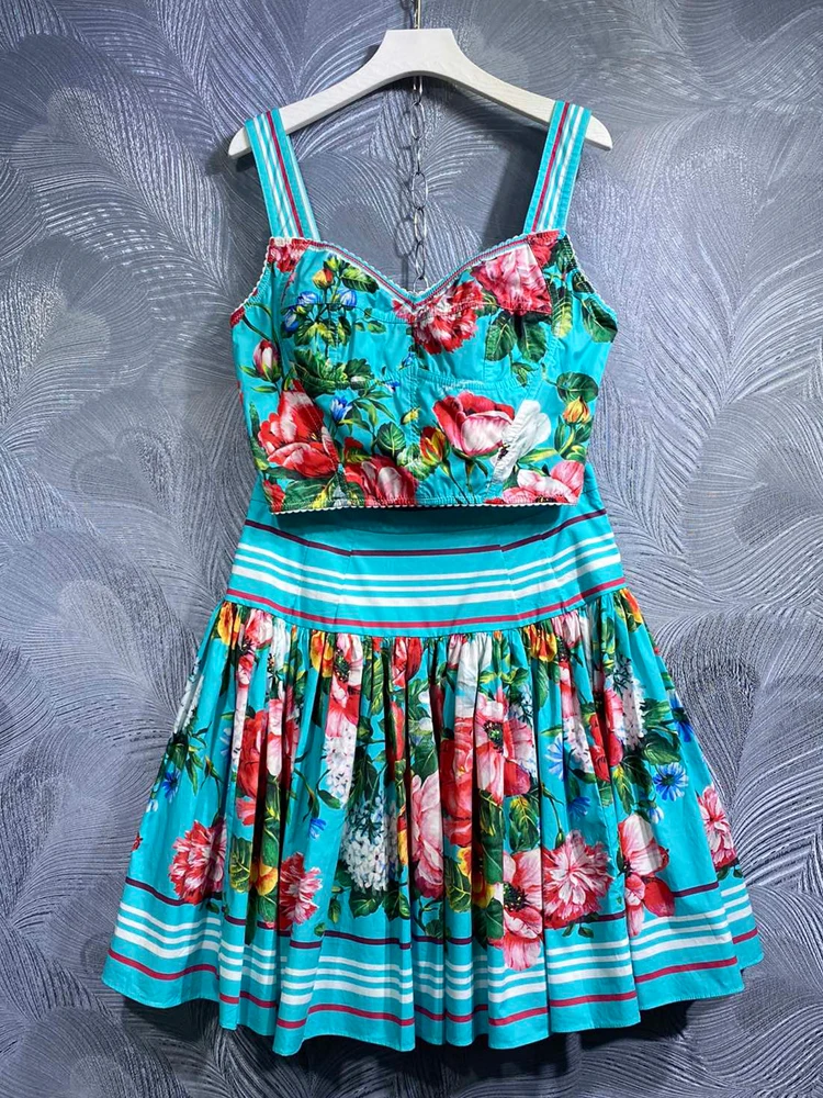 SEQINYY 100% Cotton Suit Summer Spring New Fashion Design Crop Top + Mini Skirt Vintage Flower Sicily Print High Quality