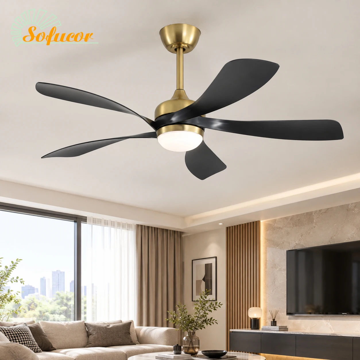 Sofucor 52-Zoll Moderner Kronleuchter-Deckenventilator mit LED-Licht, DC-Motor, 6-Gang-Hochgeschwindigkeitsregelung mit Fernbedienung