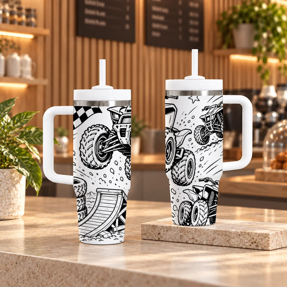 Monster Truck Dirt Bike Racing Vacuum Flasks 40oz em Aco Inoxidavel com Alca e Canudo, Caneca de Viagem a Prova de Vazamentos