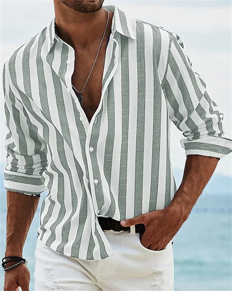 2024 New men\'s long-sleeved blue striped printed shirt men\'s social upscale men\'s Hawaiian style elegant classic fashion top