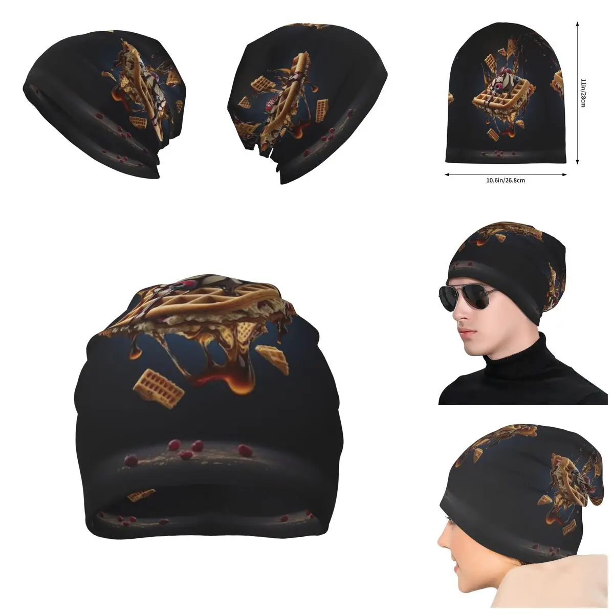 

3D Color printing Knitted Hat For Men And Women, Nutty Chocolate Ice Cream Waffle Gift Unisex winter Warm Brimless Urinal Hat