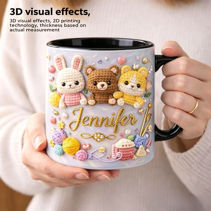 Personalized Crochet Animal Mug 11oz Custom Name 2D Print Ceramic Cup 3D Visual Effect Gift for Knitter Birthday Christmas