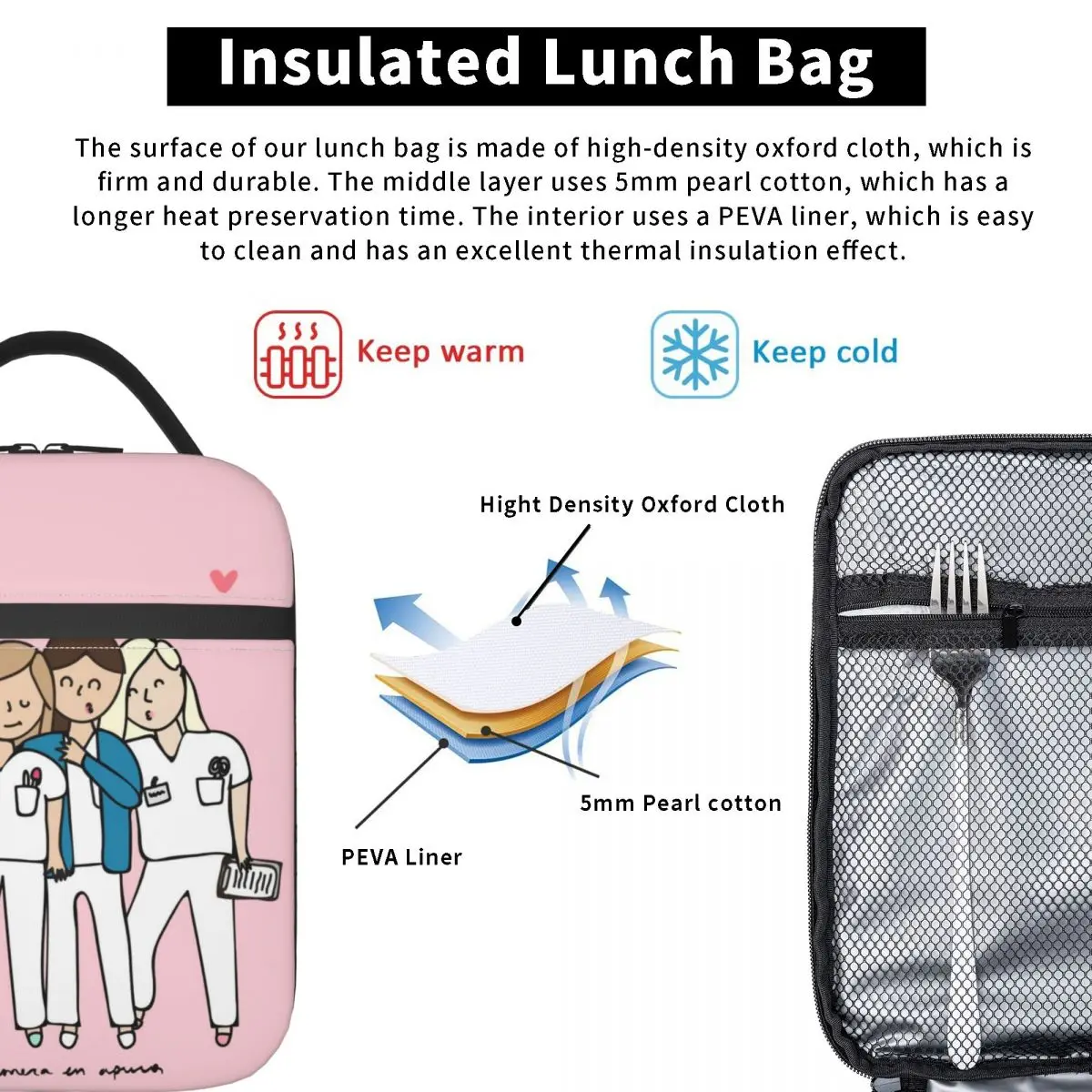 Verpleegsterpatroon Resuable Lunchbox Voor Vrouwen Waterdichte Verpleging Thermisch Koeler Voedsel Geïsoleerde Lunchtas School Kinderen Student