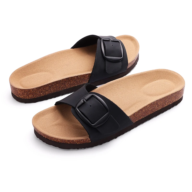 Litfun Women's Cork Sandals, Leather Flat Slides For Beach With Adjustable Buckle_voghion.com