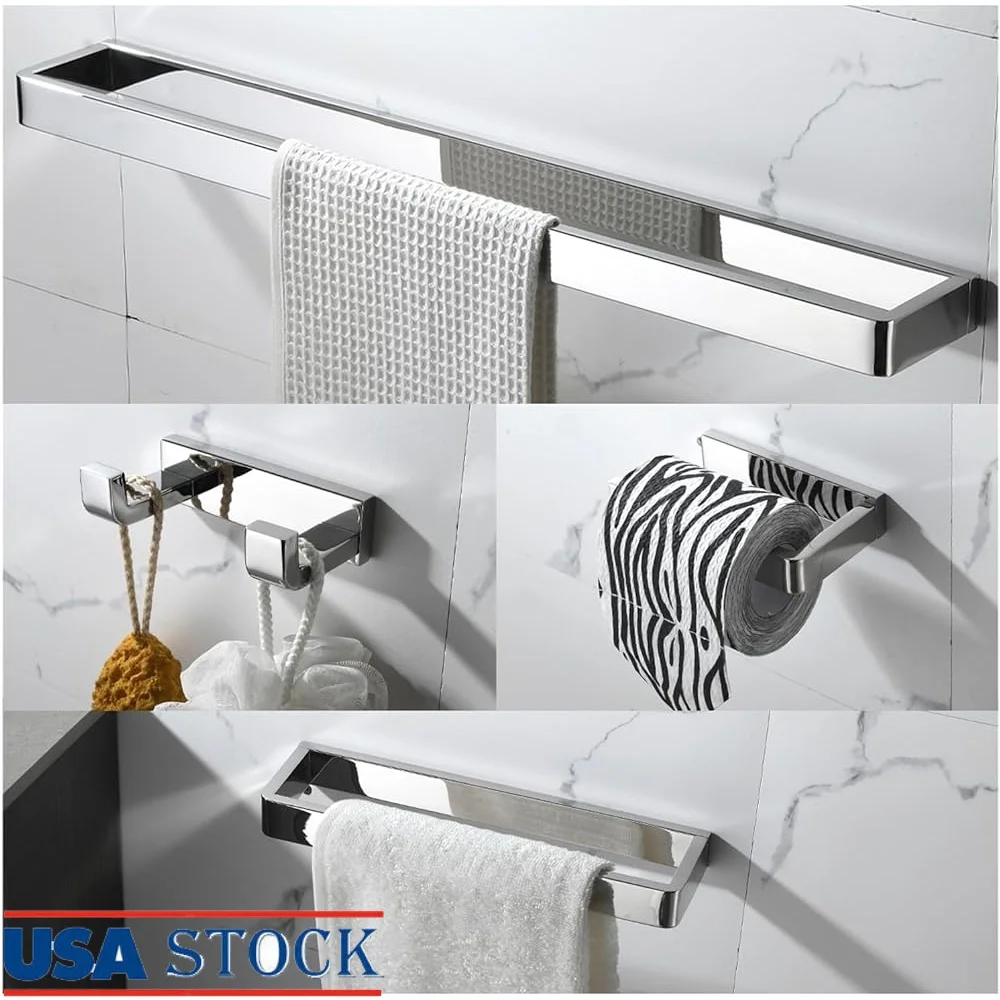 

4-Piece Polished Chrome Bathroom Accessories Set Stainless Steel Wall Mounted Towel Bar Kit Square Holder Toilet Paper Rack