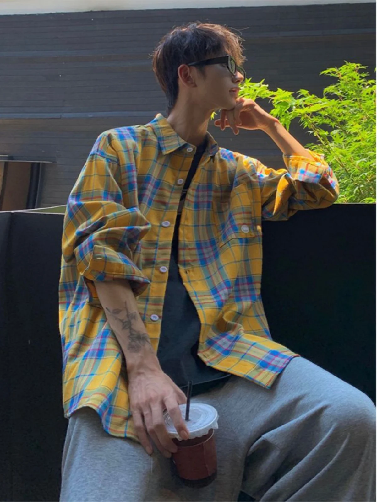 

Cleanfit Yellow Plaid Long Sve irt Men's Premium Youthful Sle Spring Autumn Outerwear for Boys And Couples