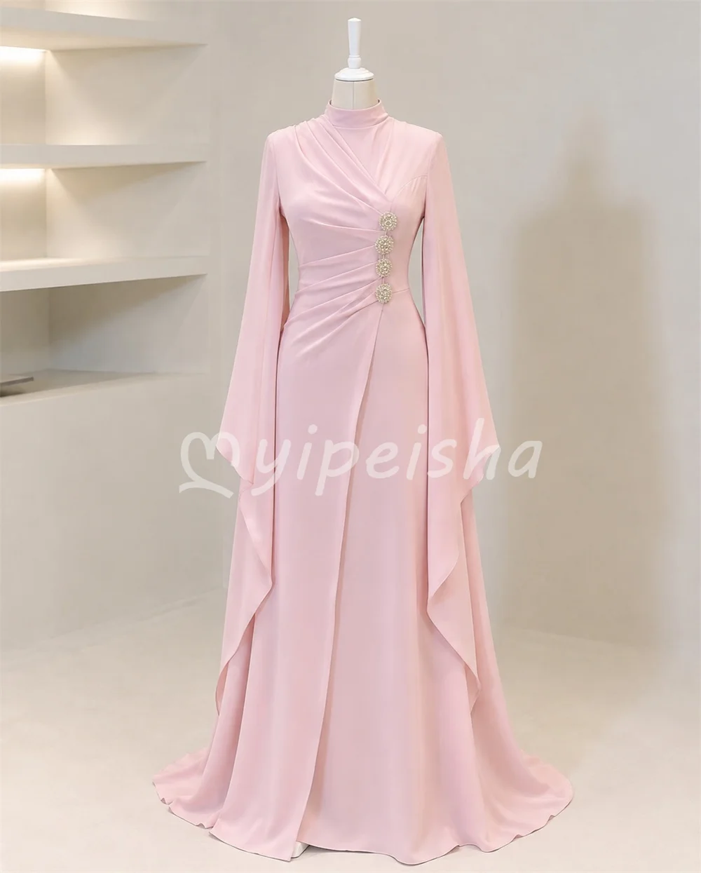 Formal Sizes Available Jersey Crystal Pleat Ruched Sky Blue Women's Evening Dresses A-line High Collar for Woman Customized