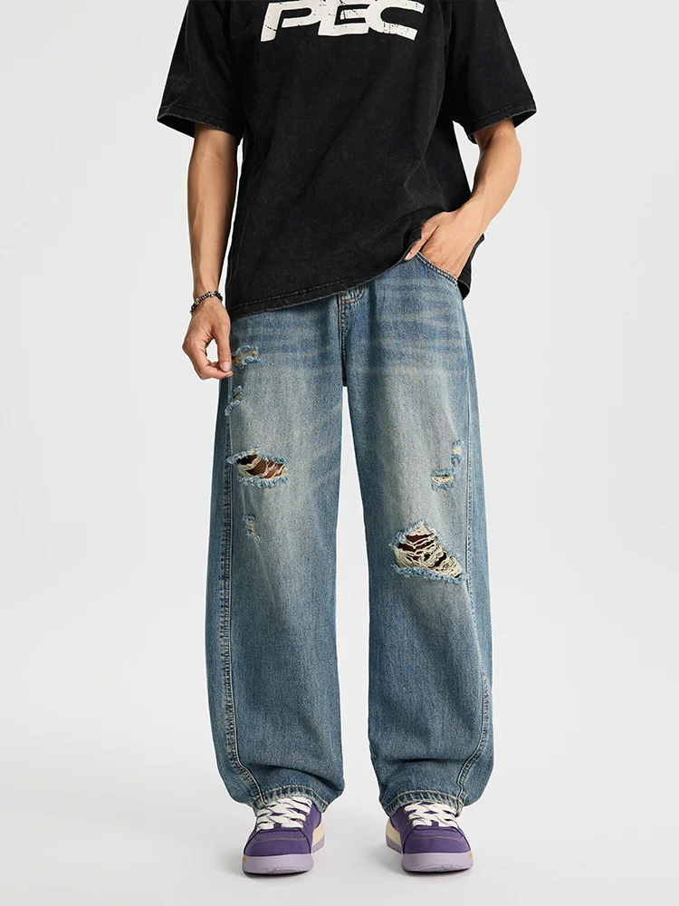 

Винтажные рваные джинсы для мужчин, свободные, широкие штанины, с дизайнерскими разрезами, в стиле High Street, из смесового хлопка и полиэстера, весенняя коллекция