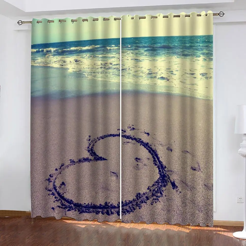 High quality custom 3d curtain fabric blue beach heart curtains 3D Window Curtain For Living Room