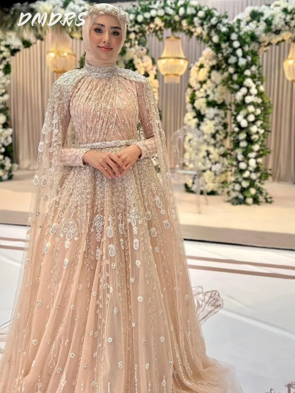 

Luxurious Beaded Evening Dresses Long Sleeve Cape Muslim Middle East Party Second Reception Dress A Line Prom Gowns Customized