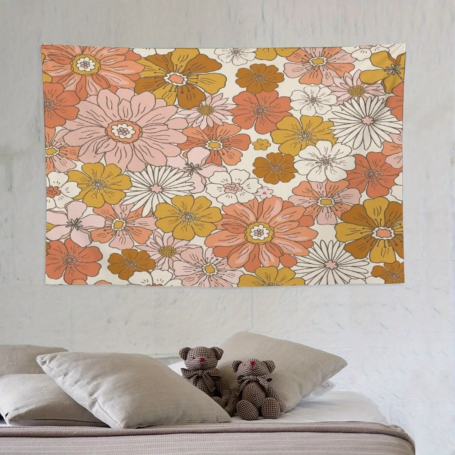 1pc Vintage orange-pink floral tapestry, made of polyester, machine washable, suitable for bedroom and living room décor.