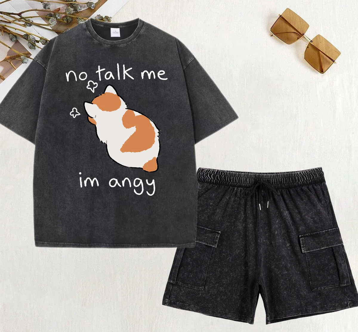 

No Talk Me I Anay Angry Cat Prints Women Washed Shorts Set Hip Hop Summer Clothes Casual Cotton T Shirts Loose Pant Sets