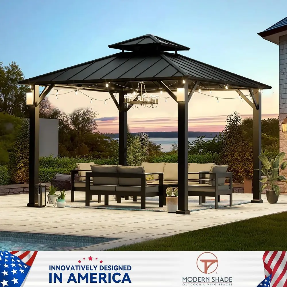 Hardtop Gazebo 10x10 with 4 LED Lights, Black | Gazebo with Galvanized Steel Double Roof, All-Weather Metal Gazebo with Sturdy H