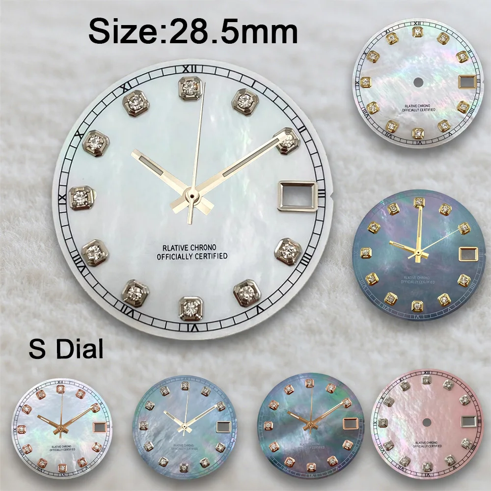 28.5mm S Logo NH35 Diamonds Mother Pearl Dial Fit NH35 Movement No Luminous Watch Modification Accessories Repair tools