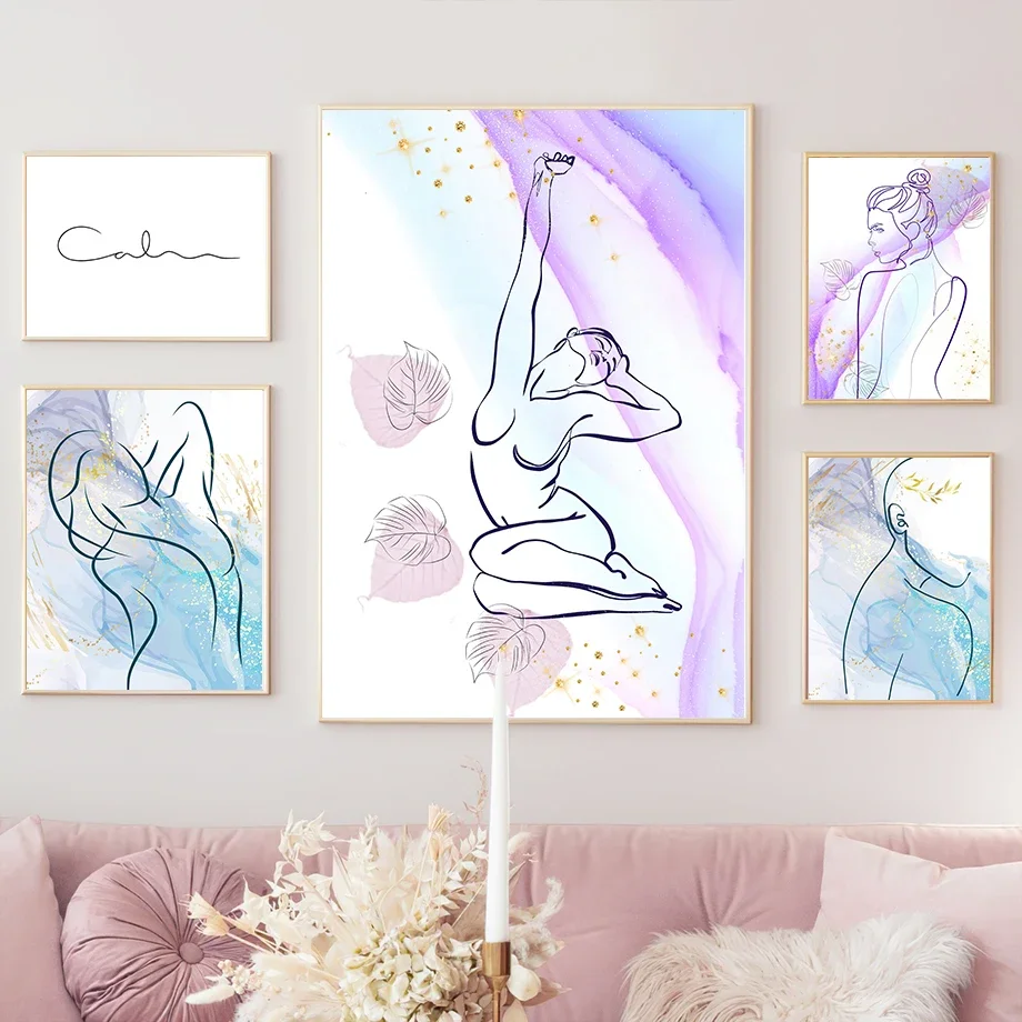 Wall Art Canvas Painting Purple Blue Line Girl Dancing Leaves Abstract Living Room Decoration Posters And Prints Wall Pictures