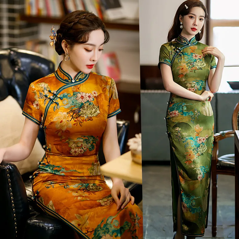 Oversize Print Flower Satin Lady Qipao Traditional Chinese Long Dress Sexy Slim Split Cheongsam Vintgae Classic Oriental Costume