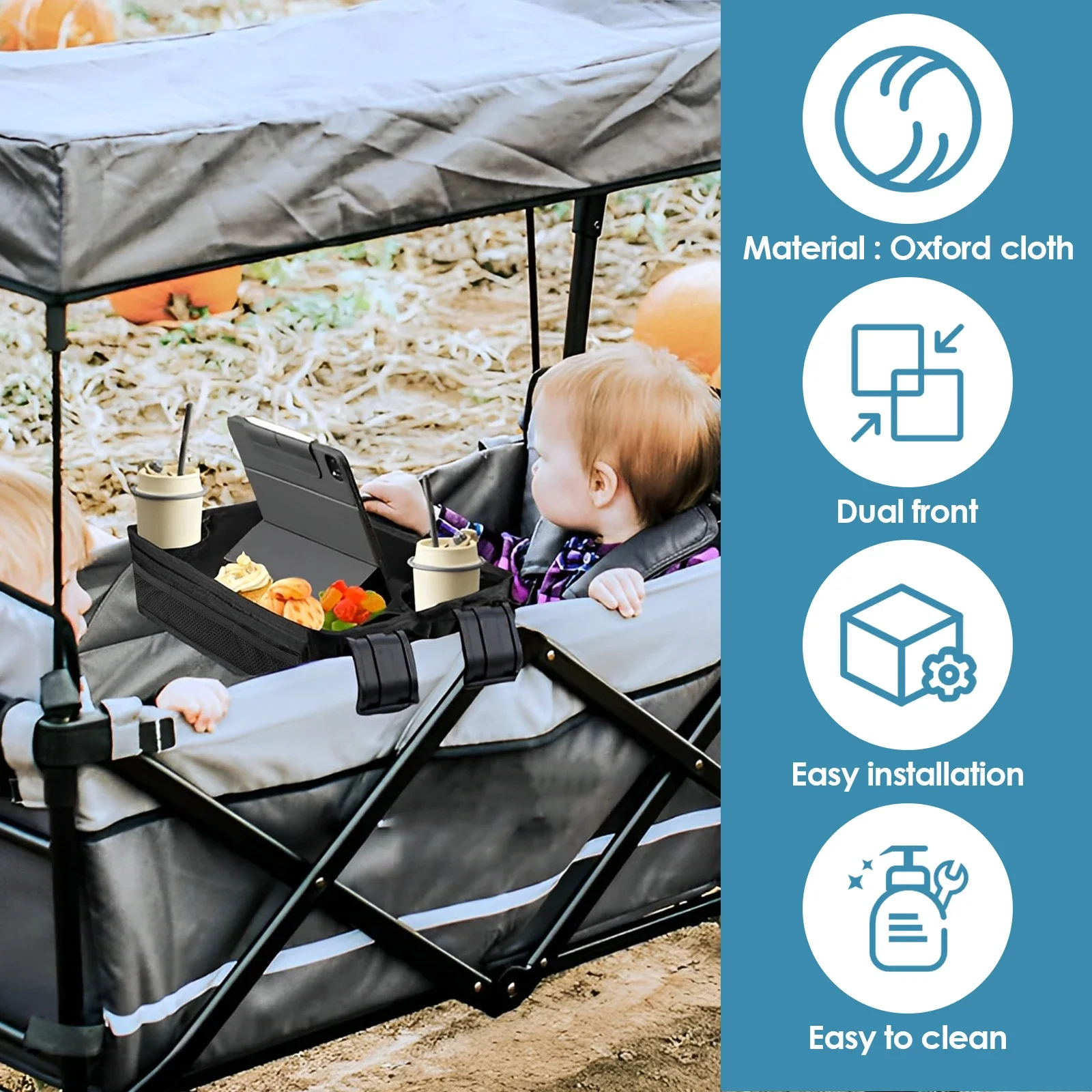 Baby Stroller Tray with Cup Holders W2 Double Sided Stroller Tray with Storage Mesh Pockets Detachable Outdoor Accessories 3