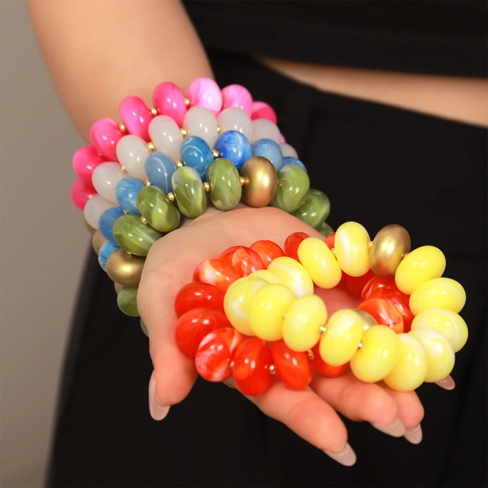 Boho Buntes Abakus-Armband mit Elastischen Perlen für Damen, Modisches Stapelbares Harz-Acryl Flachkreis-Armband mit Goldenem Abstandhalter, Schmuckgeschenk – Detail 9
