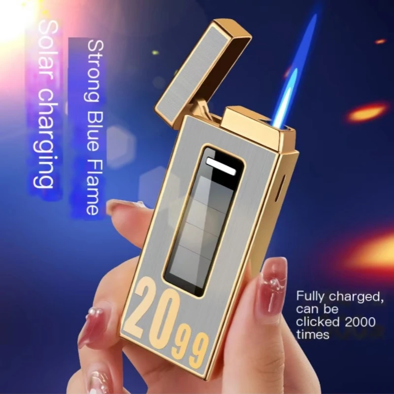 Touch Sensitive Solar Blue Jet Flame Inflatable Lighter Metal Outdoor Windproof Butane Gas Lighter Turbo Torch Smoke Accesories