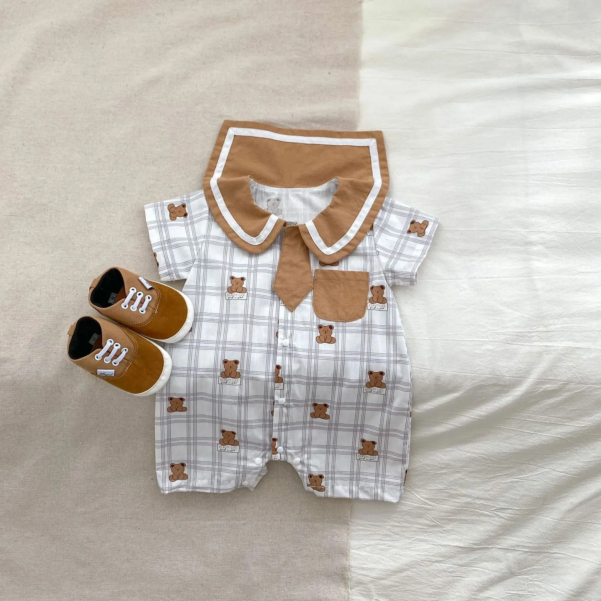 2024 Summer New Arrival: Kids Baby Boy Short Sleeve Jumpsuit with Navy Collar, Plaid Cartoon Bear ,Tie, Perfect for Infants N