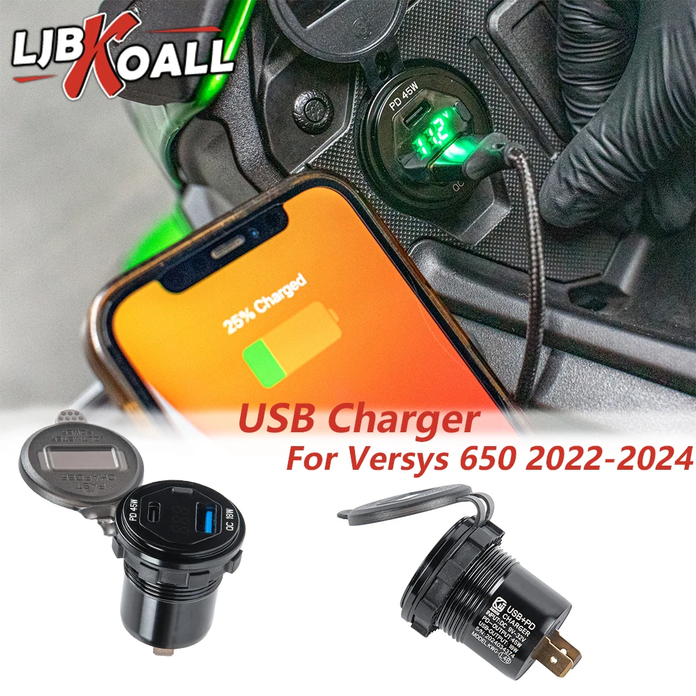 

Motorcycle Left And Right Camera Cellphone USB Fast Charger Accessories with Relay for Kawasaki Versys 650 2022 2023 2024