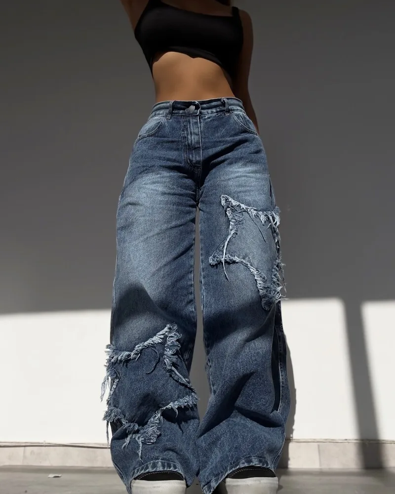 Y2K New Fashion Star Embroidery Patch Baggy Jeans Women Street Harajuku Vintage Hip Hop Casual Gothic High Waist Wide Leg Pants