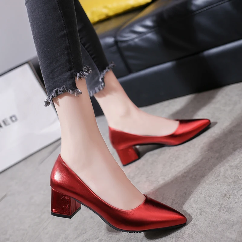 Soft Leather Pumps Women Shoes Comfortable Office Shoes Square Heel Shallow Pointed High Heels Slip-On Ladies Wedding Shoes