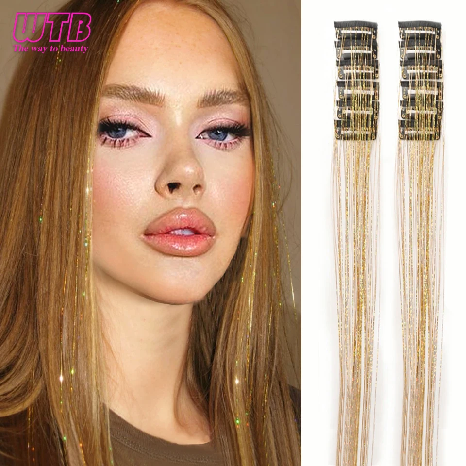12 Piezas Clip en Cabello 20 Pulgadas Sintético Colorido Glitter Tinsel Extensión de Cabello Fiesta Navidad Año Nuevo Regalo para Mujeres Cabello