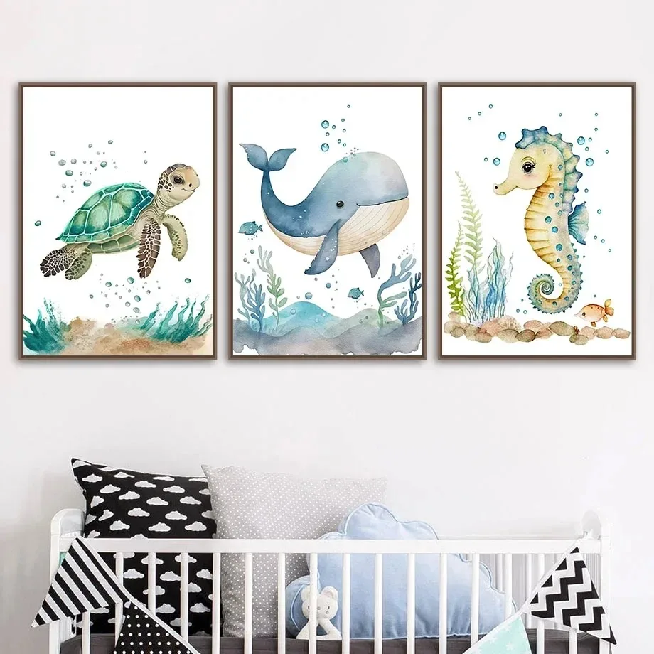 Cute Whale Sea Horse Octopus Crab Turtle Wall Art Posters And Prints Nordic Nursery Canvas Painting Picture Baby Kids Room Decor