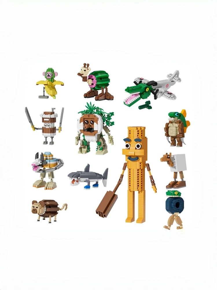 Bouwsteenset met krokodillen-, haai- en houten stokfiguren; Creatieve bouwsteenornamenten; Geschikt voor geschenken en displays