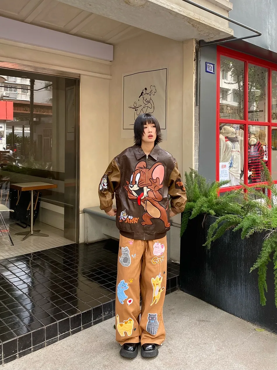 เสื้อแจ็คเก็ตหนัง PU สไตล์เรโทรอเมริกันลายการ์ตูนปัก แบรนด์ BIBULU ทรงหลวม สไตล์ลำลอง สำหรับผู้หญิง