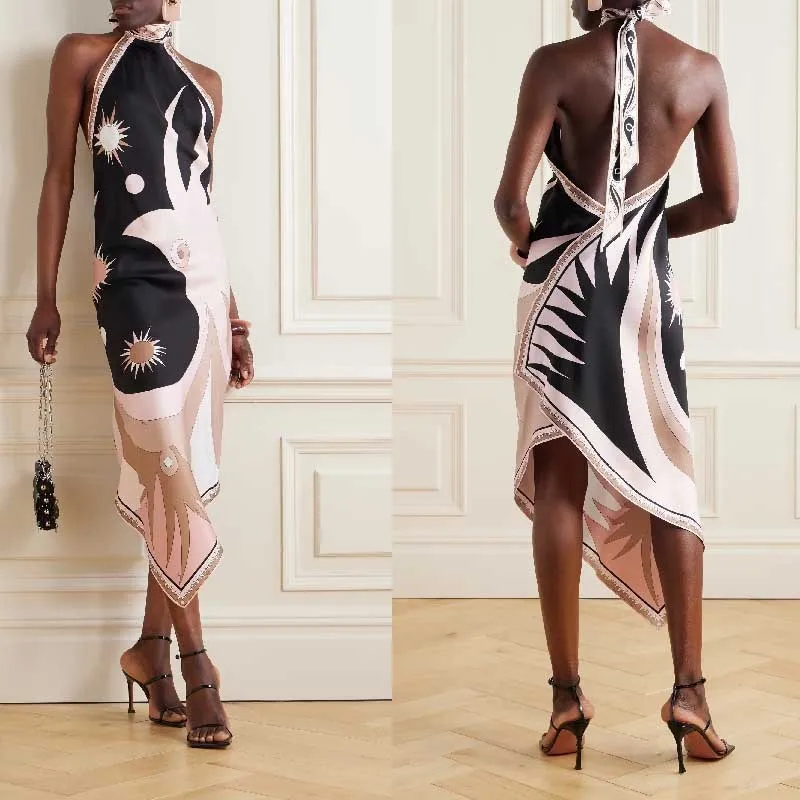 

Sexy Suspender Irregular Printed Dress Summer New Backless Sleeveless Party Dresses Vintage Satin Slim Vacation One-piece Robes