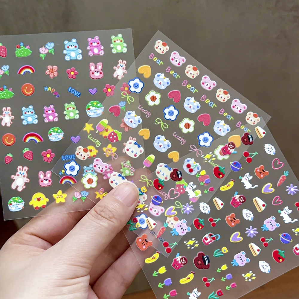 1 pçs dos desenhos animados urso flor arte do prego adesivos colorido morango cereja doce decalques de unhas para crianças auto adesivo decoração do prego slider