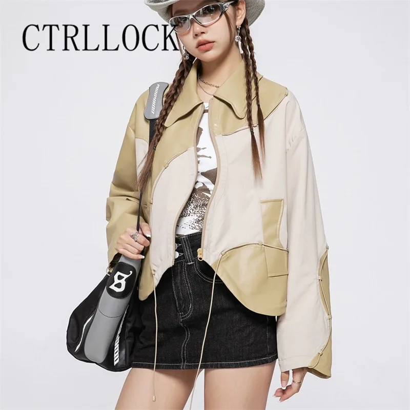 

CTRLLOCK Asymmetric Color Patchwork Women Long Sleeve Turn-down Collar Zipper PU Leather Bomber Jacket