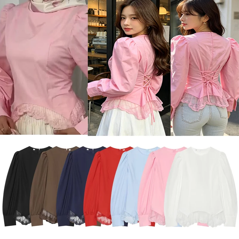 Blusa de manga abullonada para mujer, cuello redondo, ribete de encaje, dobladillo irregular, camisa multicolor para oficina, citas, uso diario informal en la calle