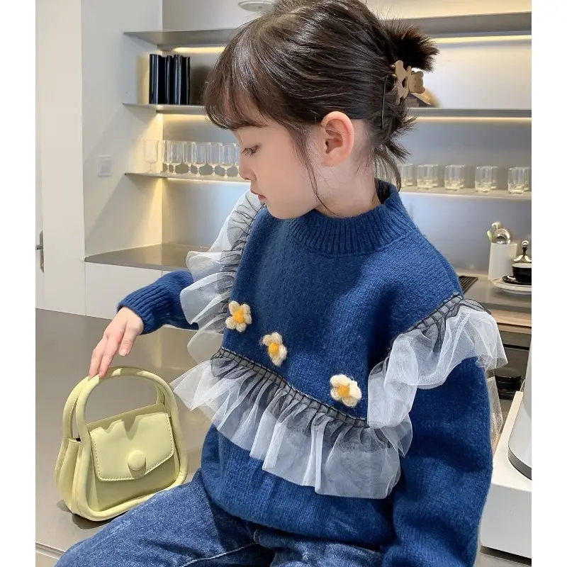 2024 Autumn Winter Infant Baby Girl Knitwear 3D Flower Lace Thicken Velvet Kid Girl Sweater Round Collar Toddler Girls Pullovers