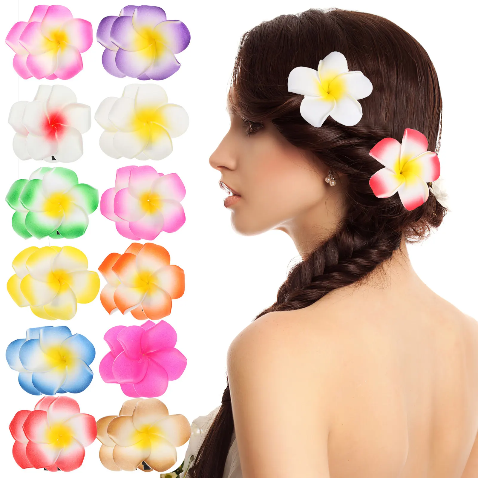 

24Pcs Plumeria Hair Clips Hawaiian Flowers For Hair Accessories 12Colors 6cm EVA Claw Clip Wedding Party Hawaiian Accessories