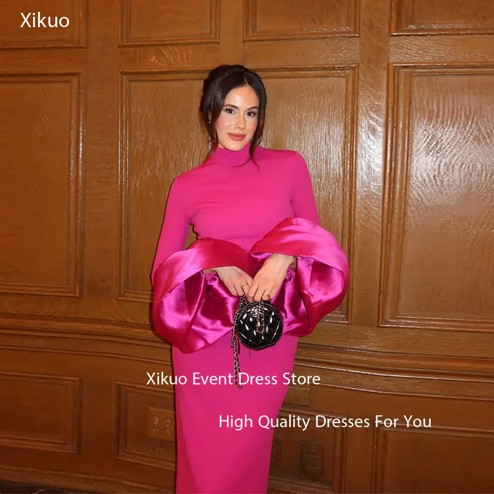 

Xikuo Fuchsia Satin Evening Dresses High Neck Mermaid Saudi Arabi Prom Gowns Formal Full Sleeves Robe De Soirée Femme Customized