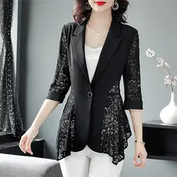 Fashion Korean Commuter Lace Spliced Suits Coats 2023 Summer Office Lady Solid Color Slim Elegant Cardigan Women's Clothing