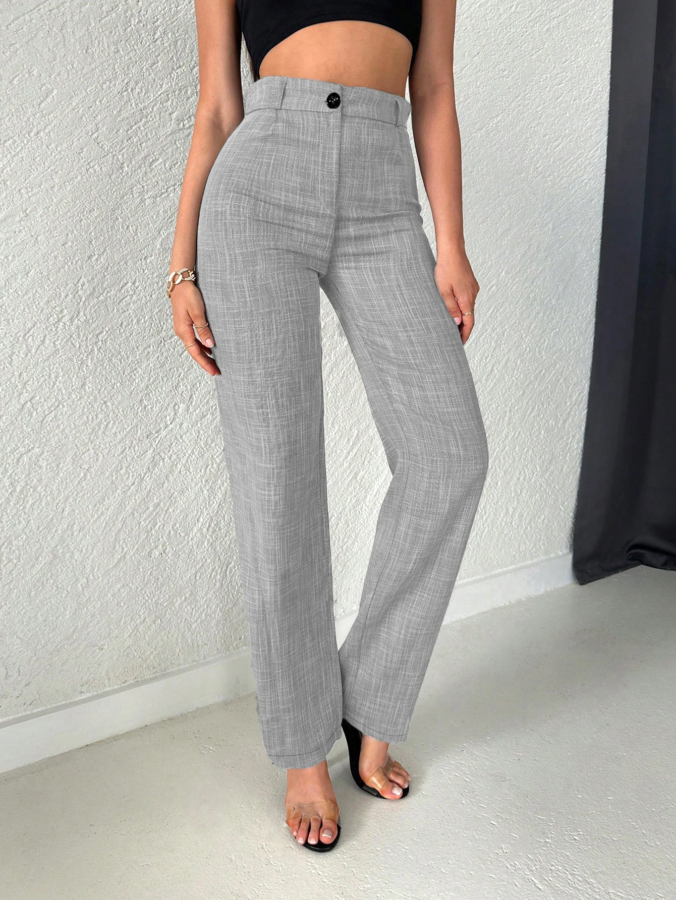 Graue Damen-Hose mit hoher Taille und geradem Bein, Frühling und Sommer, vielseitige Büro-Casual-Pendlerhose